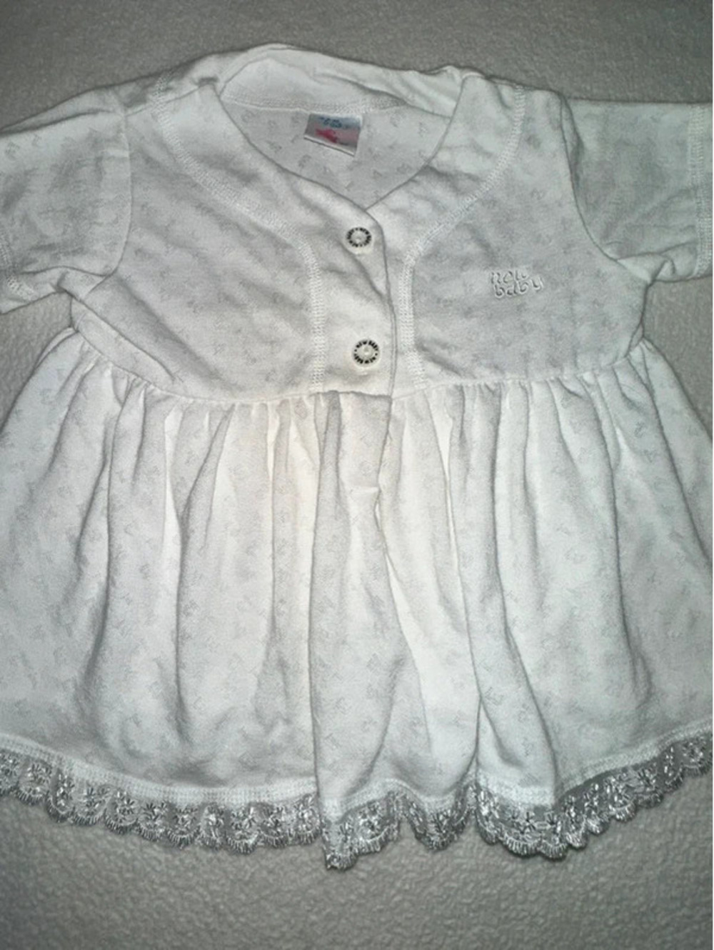 Vintage New Baby White Pointelle Knit Dress Eyelet Lace Hem Cotton Size M